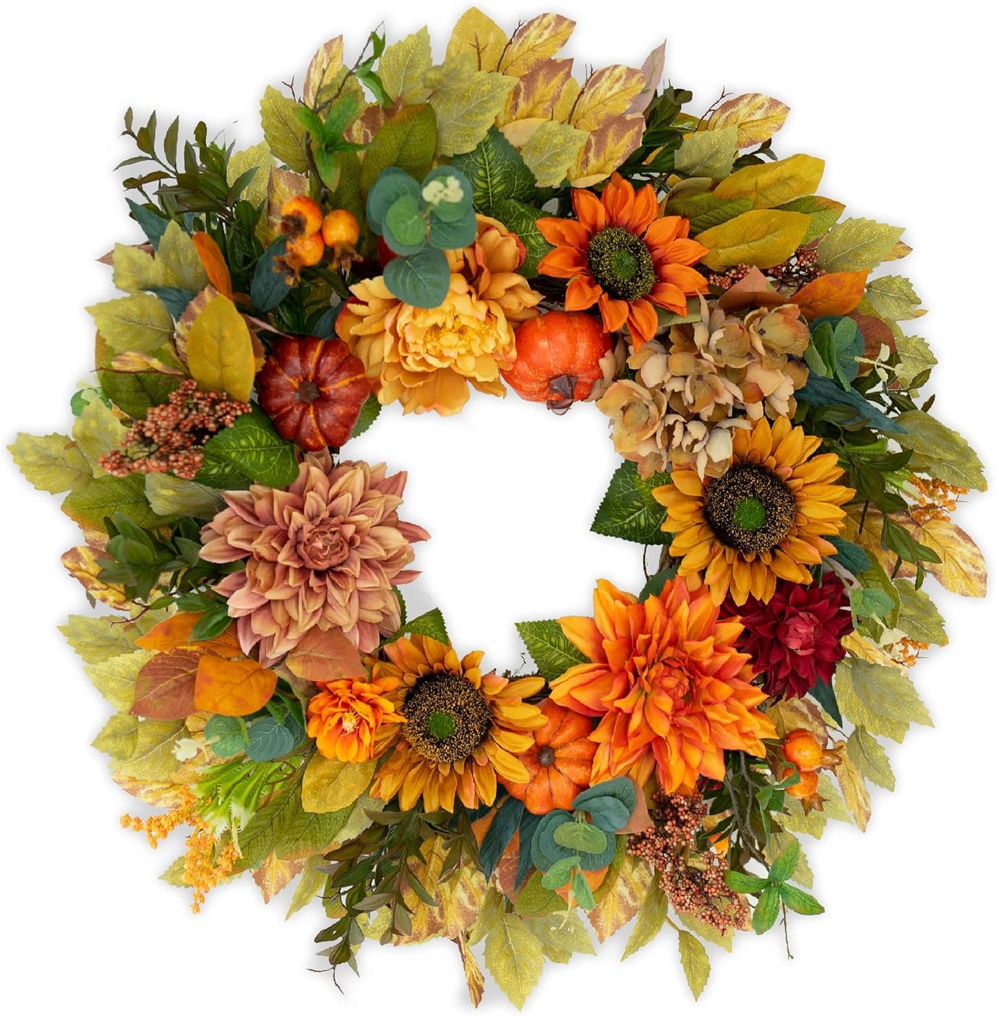 Fall Wreaths for Front Door 24 Inch Autumn Wreath with Sunflowers, Pumpkins Dahlia & Maple Leaves Outdoor Fall Wreath for Thanksgiving, Harvest, Halloween Home Décor