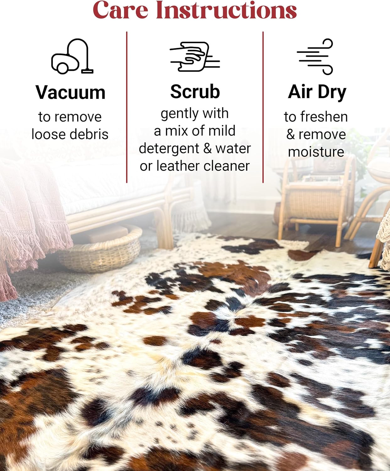 Light Tricolor Cowhide Rug Premium Cowhides Leather with Mixed White, Brown & Black Color Pattern - Natural Cowhide Rug for Office & Home Decor - Cow Hide Rugs 6x6-7 ft