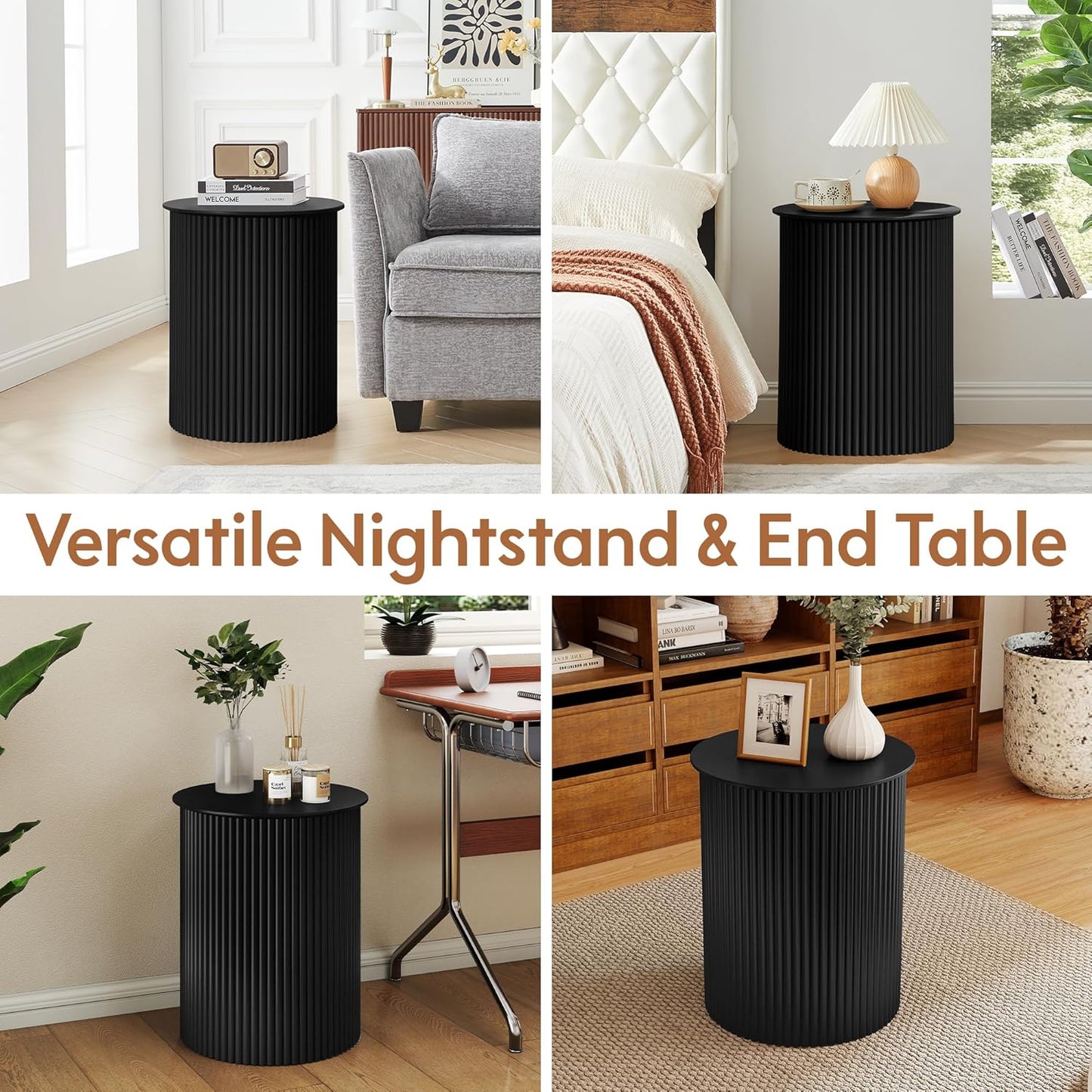 AVZEAR Fluted Round Side Table Small Mid Century End Table, 17.7" Fluted Nightstands Modern Circle Bedside Tables, Black Wood Night Stand for Small Spaces, Living Room, Bedroom (Black)