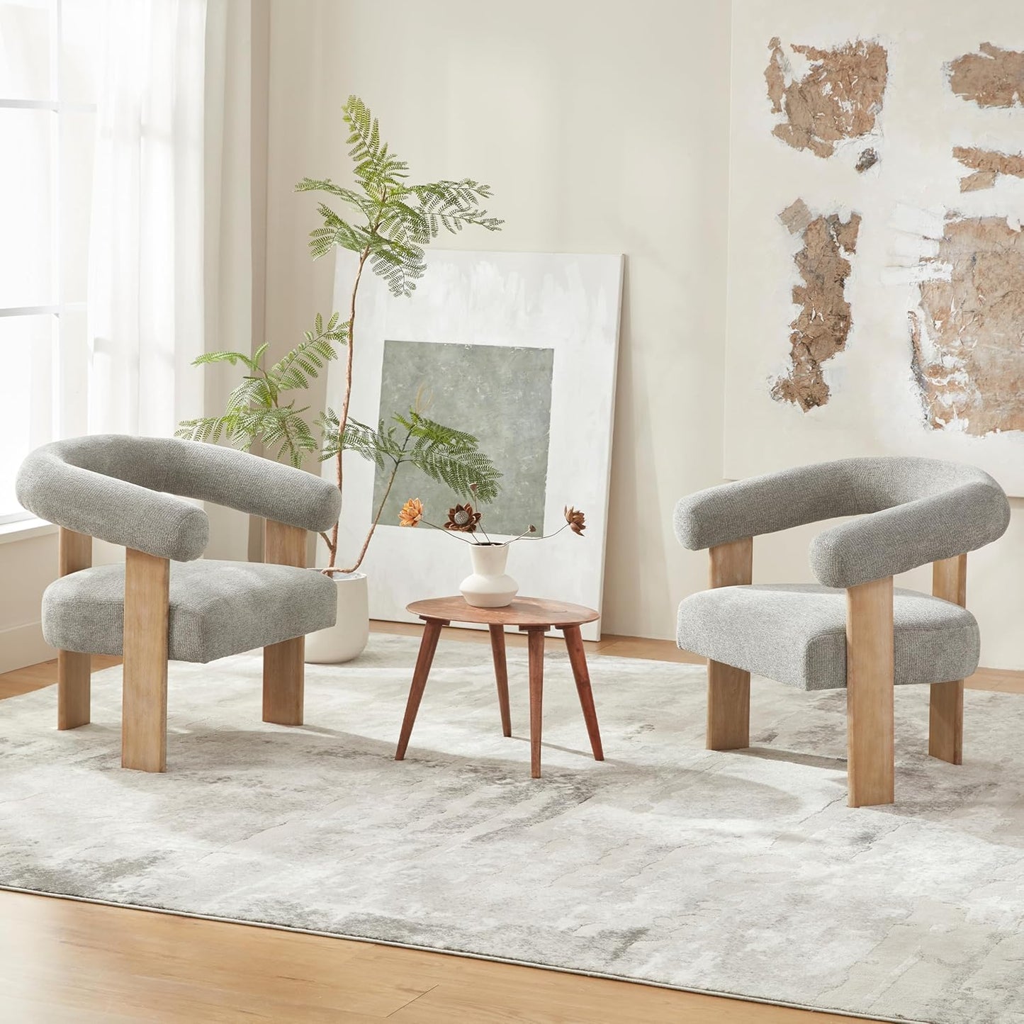 VKNOW Accent Chair Living Room Chair, Modern Upholstered Armchair with Solid Wood Legs, Comfy Barrel Arm Chairs for Living Room Bedroom, Light Grey