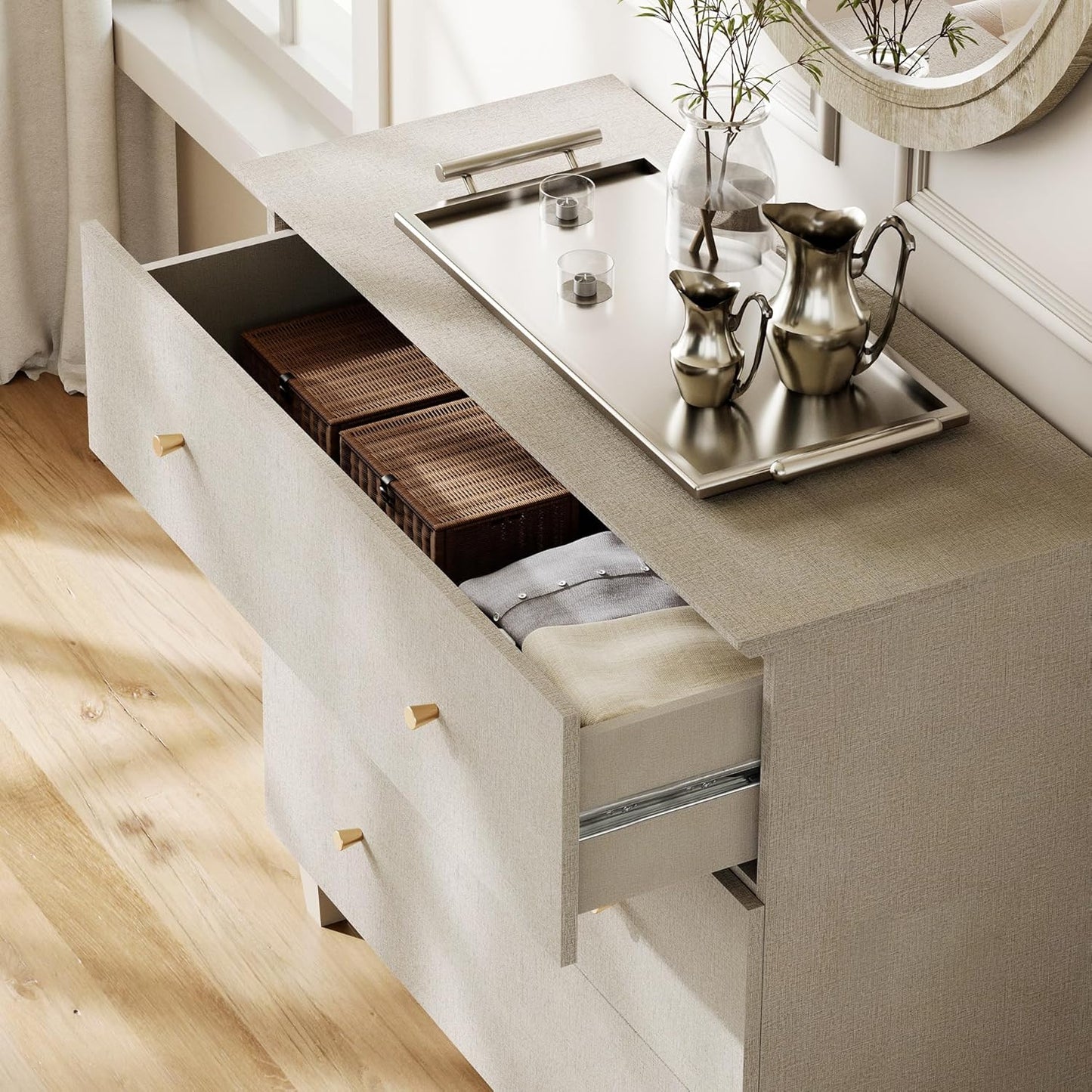 WAMPAT Dresser with 6 Drawers for Bedroom, 70.8" Wide Wooden Chest of Drawers, Modern Closet Storage Organizer Dressers with Solid Wood Legs for Living Room, Children's Room, Nursery, Beige