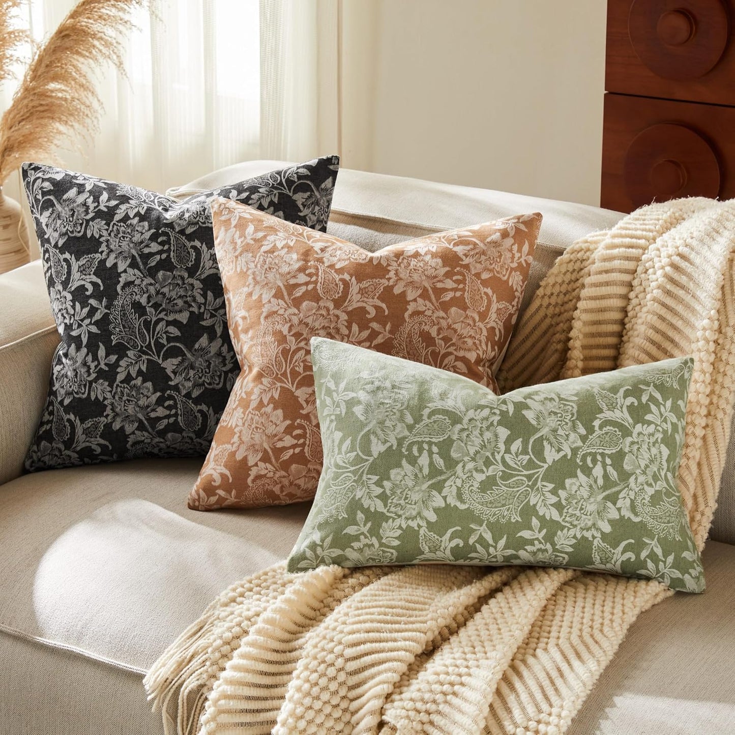 Floral Jacquard Throw Pillow Covers Set of 2, Background/Green 16x16 Inch, Farmhouse Decorative Cotton Sage Green Cushion Covers for Sofa Bed Living Room Home Decor