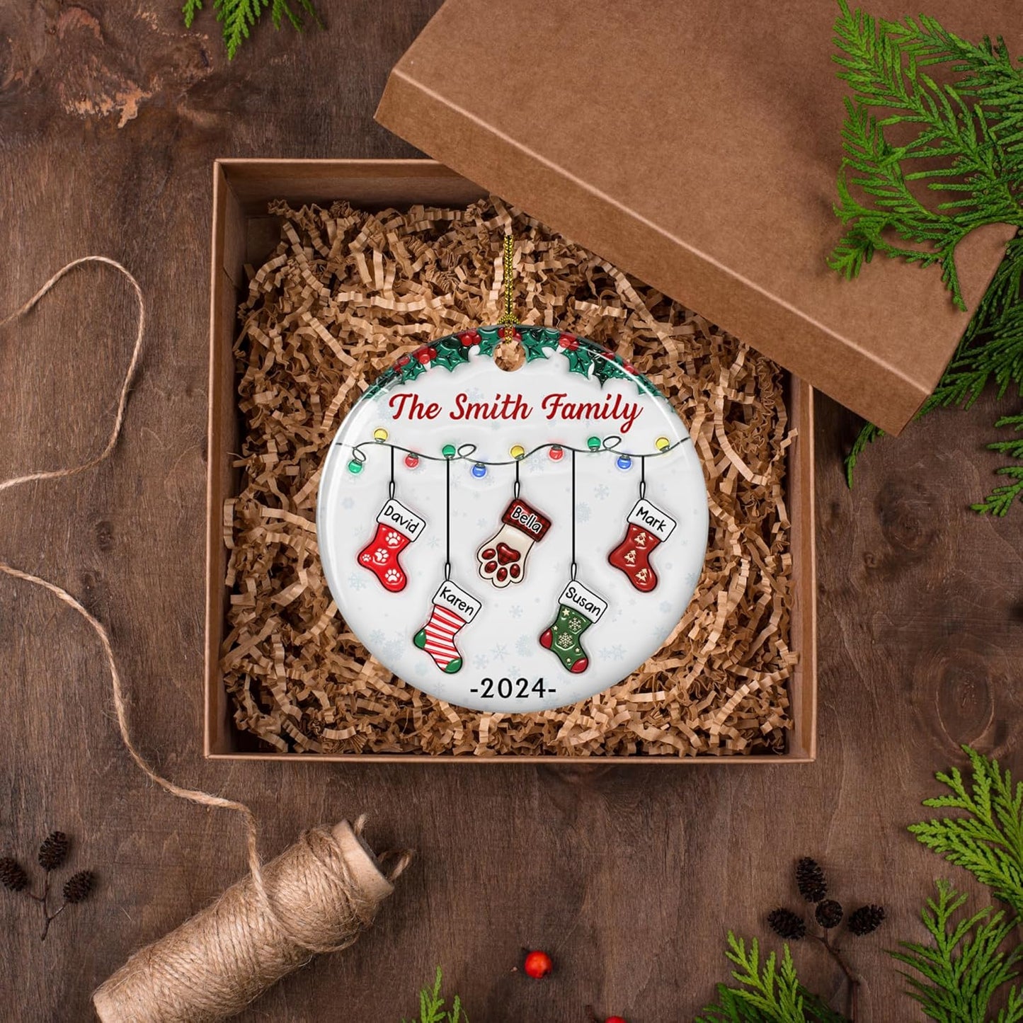 Stocking Personalized Family Christmas Ceramic Ornament 2025-3D Inflated Effect Custom Name Hanging Stock up to 10 Members, First Xmas as A Family Ornament Gifts (A04, 5 Names)