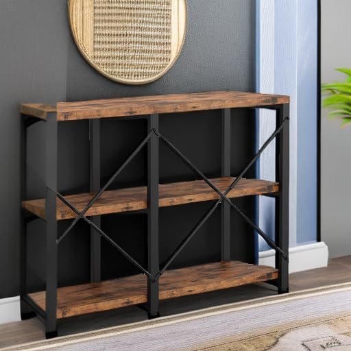 IRONCK Rustic Entryway Console Table, Long Hallway Table 47 in 3-Tier, TV Stand Entertainment Center Media Stand for Living Room, Industrial Style, Vintage Brown