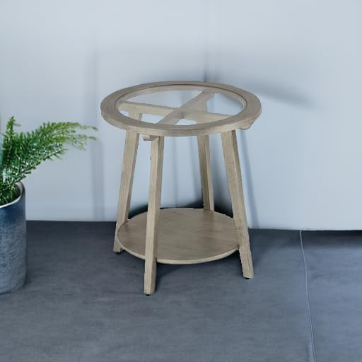 COSIEST 2-Tier End Table with Tempered Glass Top, Round MDF Side Table with Storage Shelf, Modern Wood Accent Table for Bedroom Living Room Home Office, Antique Silver