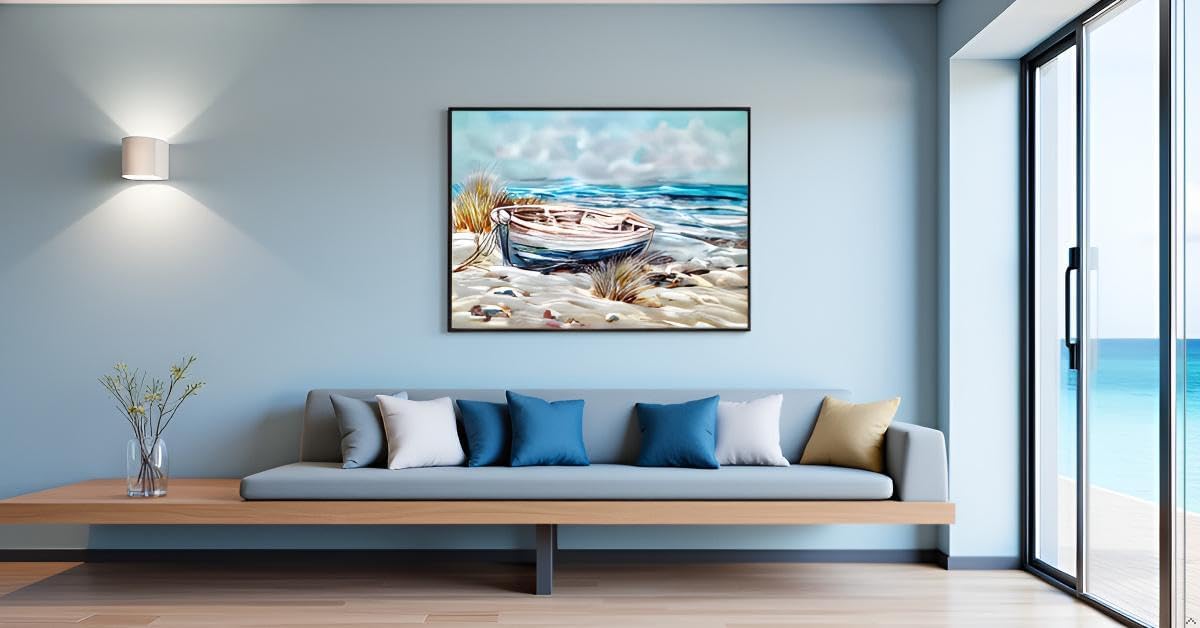 Yihui Arts Modern 3D Coastal Metal Wall Art Framed Home Accent in Blue and Silver for Living Room, Bedroom, Bathroom Decor