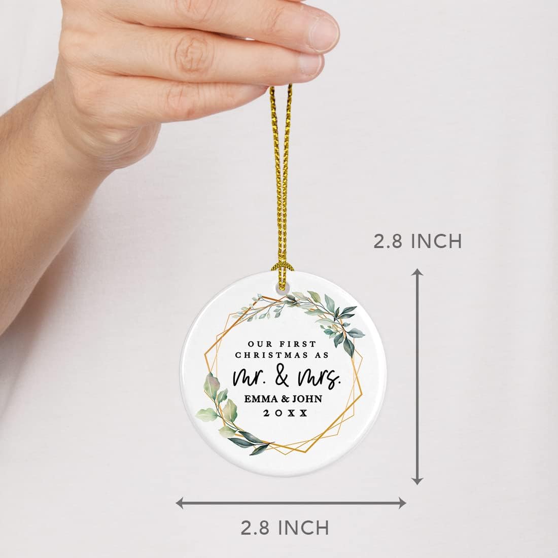 Andaz Press Personalized Our First Christmas As Mr. & Mrs. 2025 Christmas Ornaments Geometric Greenery 2.8" Round Porcelain Ceramic 1st Year Married Custom Ornament for Newlyweds Keepsake 1-Pack