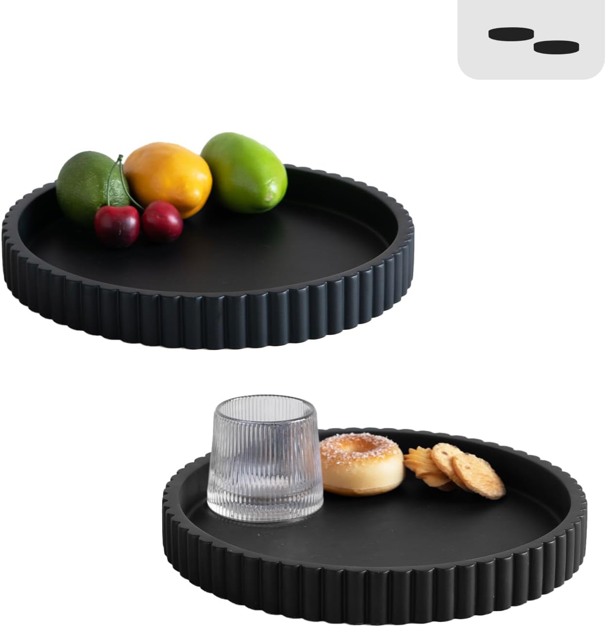 Decorative Tray for Coffee Table, Living Room, Side Table, 2 Packs 11" Black Round Concrete Home Decor Serving Trays for Accent Table, Console Table