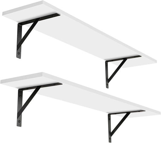 DINZI LVJ Long Wall Shelves, 31.5 x 7.9 x 6.1 Inches, Set of 2 White Floating Shelves, Easy-to-Install, Large Storage Ledges with Sturdy Metal Brackets for Living Room, Bathroom, Bedroom, Kitchen