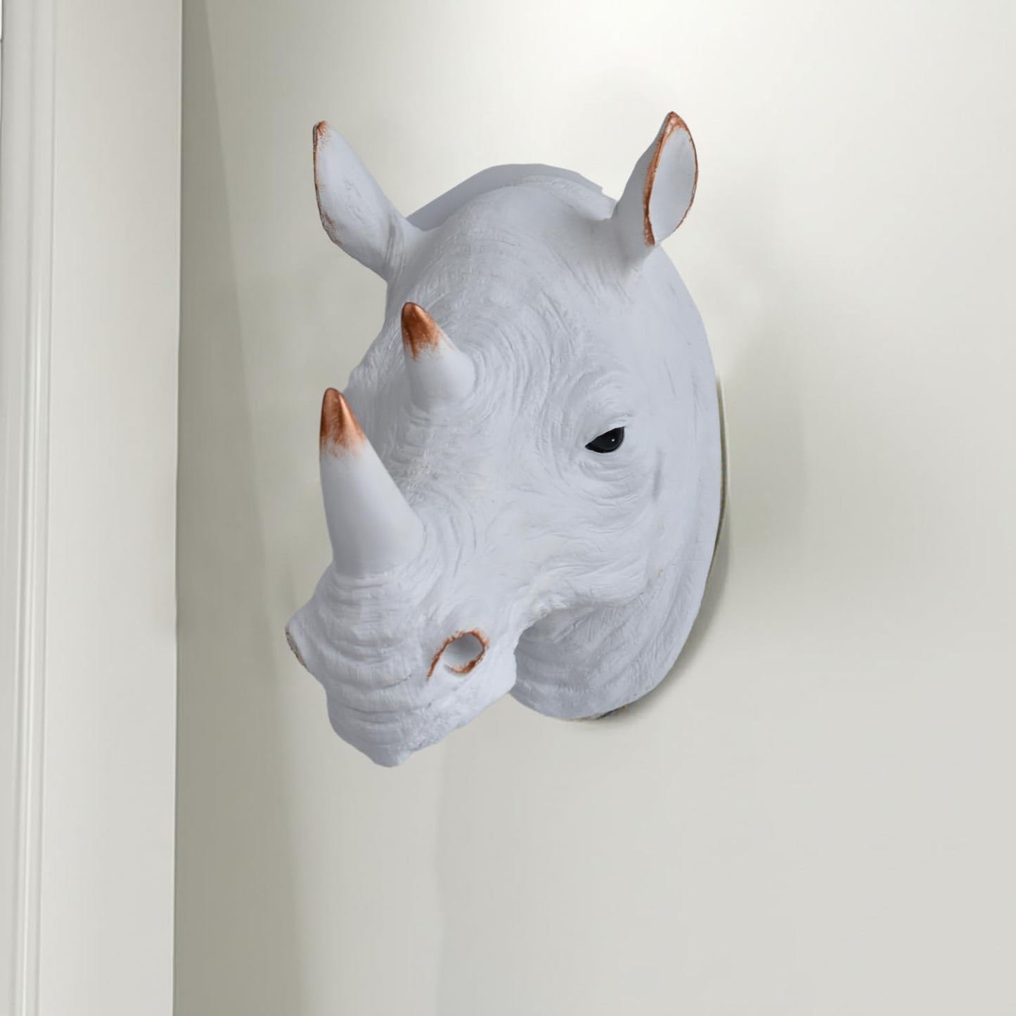 Rhino Head Wall Mount Resin Safari Animal Sculpture, Modern Faux Decor for Living Room Bedroom Office Realistic Wildlife Art Bust White