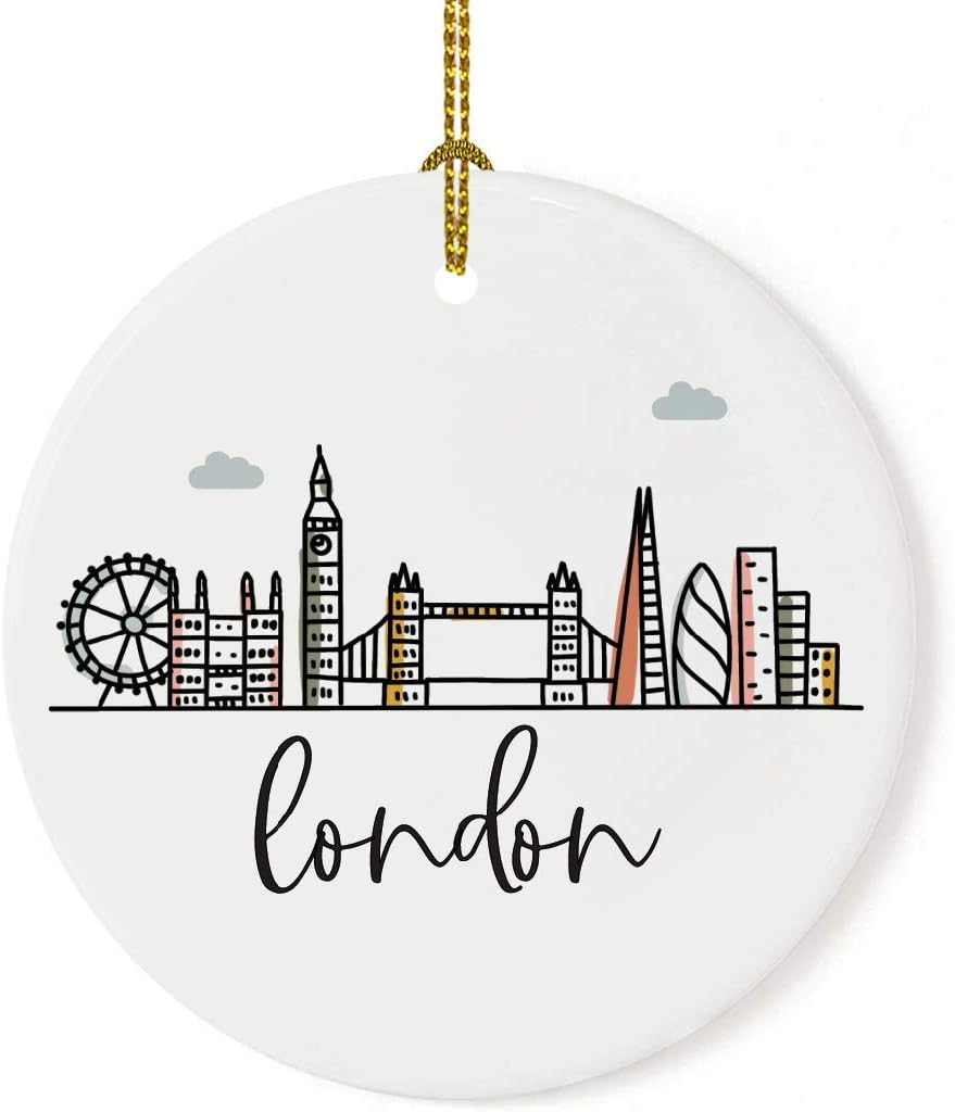 Andaz Press Round Ceramic Porcelain Christmas Tree Ornament Keepsake Gift, London, Colorful International City Skyline Graphic, 1-Pack, Birthday Ideas Family Coworker Him Her, Gift Box