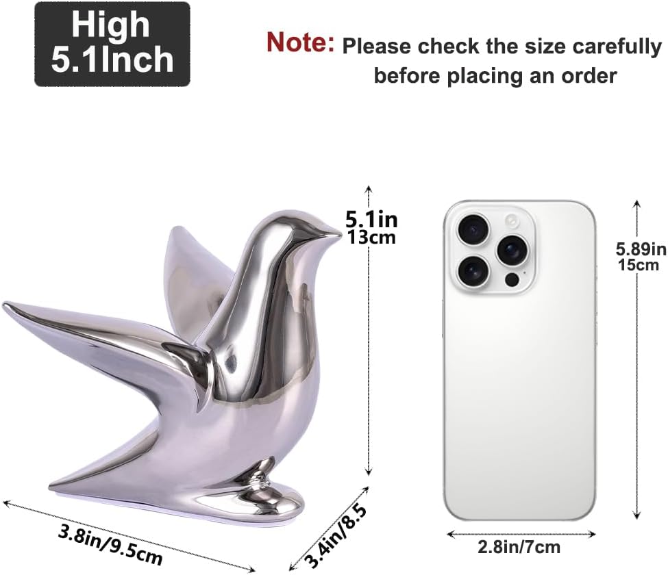 Silver Decor Accents – Modern Silver Ceramic Bird Figurine, 5.1in Decorative Bird Statue for Shelf, Table or Bathroom, Small Animal Sculpture Gift for Bird Lovers, Bird Room Decor