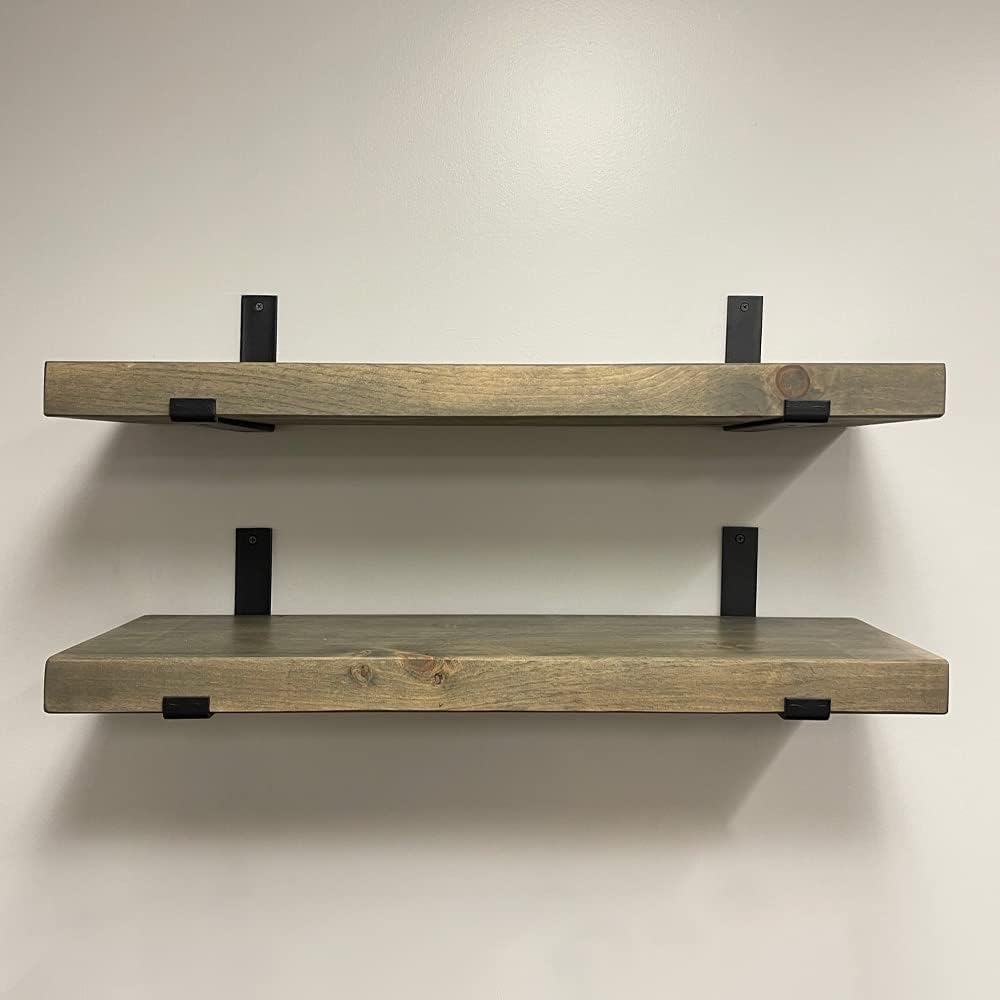Rustic Shelves with J-Brackets Set of 2, Industrial Shelf, Kitchen Shelves, Solid Wood, Decorative Wall Storage, Heavy Duty, URBANDI (Grey, 36Wx10D)