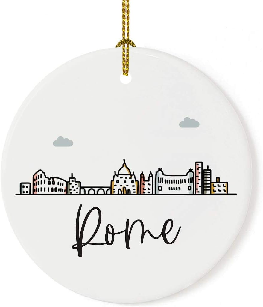 Andaz Press Round Ceramic Porcelain Christmas Tree Ornament Keepsake Gift, Rome, Colorful International City Skyline Graphic, 1-Pack, Birthday Ideas Family Coworker Him Her, Gift Box