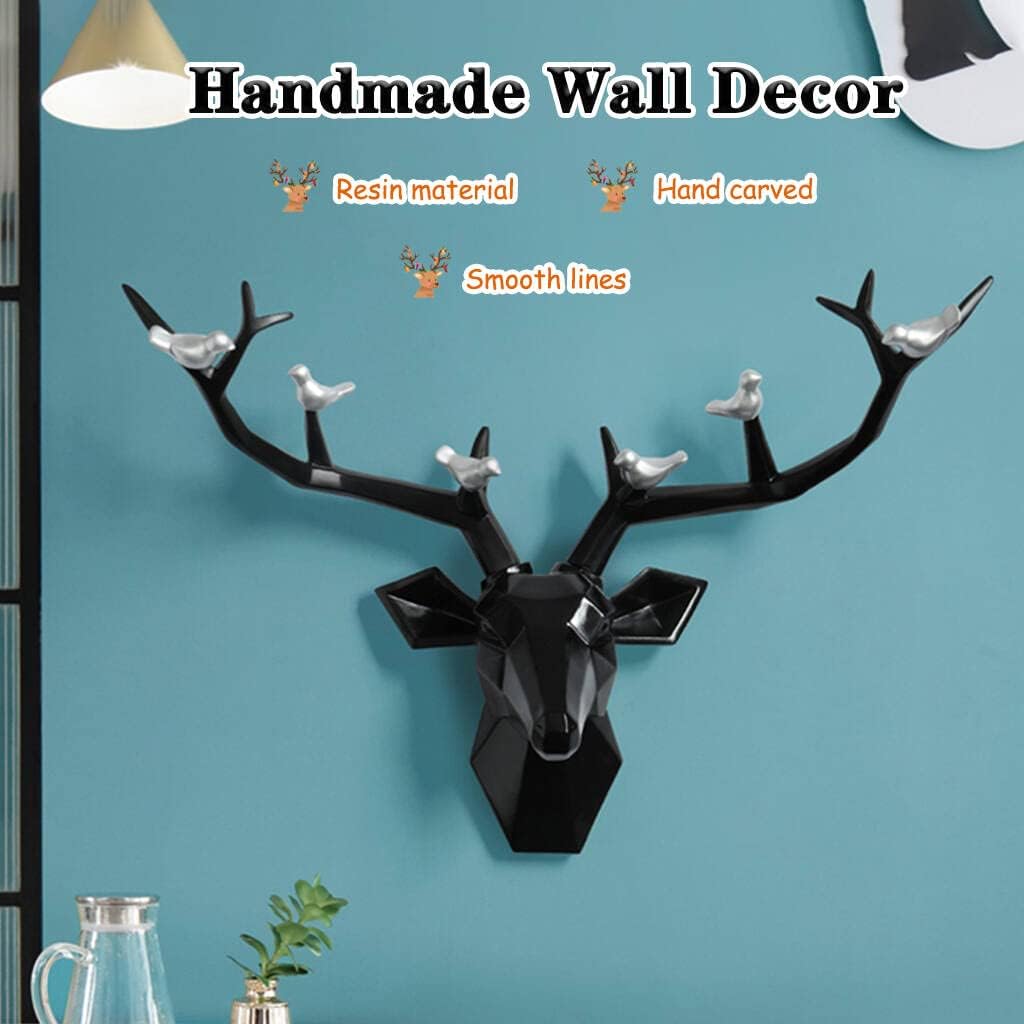 Deer Head Wall Decor Geometric Rustic Wall Mounted Deer Head, Faux Taxidermy Animal Head Wall Art Pendant, Handmade Resin Head Sculptures for Porch, Detachable Antlers, 6 Styles(Black,20.1x20.4IN)
