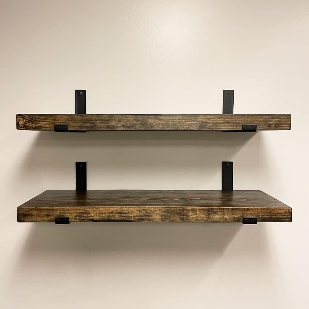 Rustic Shelves with J-Brackets Set of 2, Industrial Shelf, Kitchen Shelves, Solid Wood, Decorative Wall Storage, Heavy Duty, URBANDI (Dark Brown, 48Wx10D)