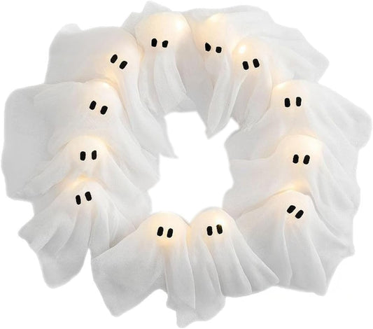 Halloween Ghost Wreath, 12 LED Light-Up White Ghost Garland, Spooky Indoor & Outdoor Hanging Decoration for Front Door, Wall, Party, Battery-Powered Halloween Decor, Holiday Spooky Garland A