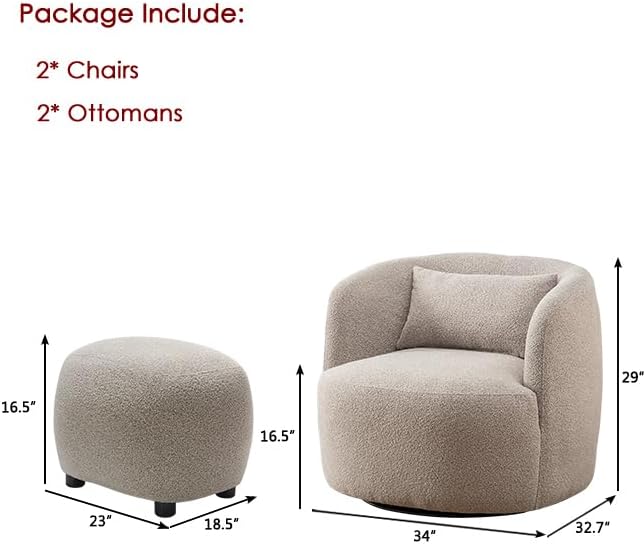 KINWELL 34" Wide 2 Boucle Swivel Barrel Chairs and 2 Ottomans Set, Fully Assembled Sherpa Accent Chairs and Footrest Set, Modern Comfy Armchairs and Footstool for Living Room and Bedroom, Taupe