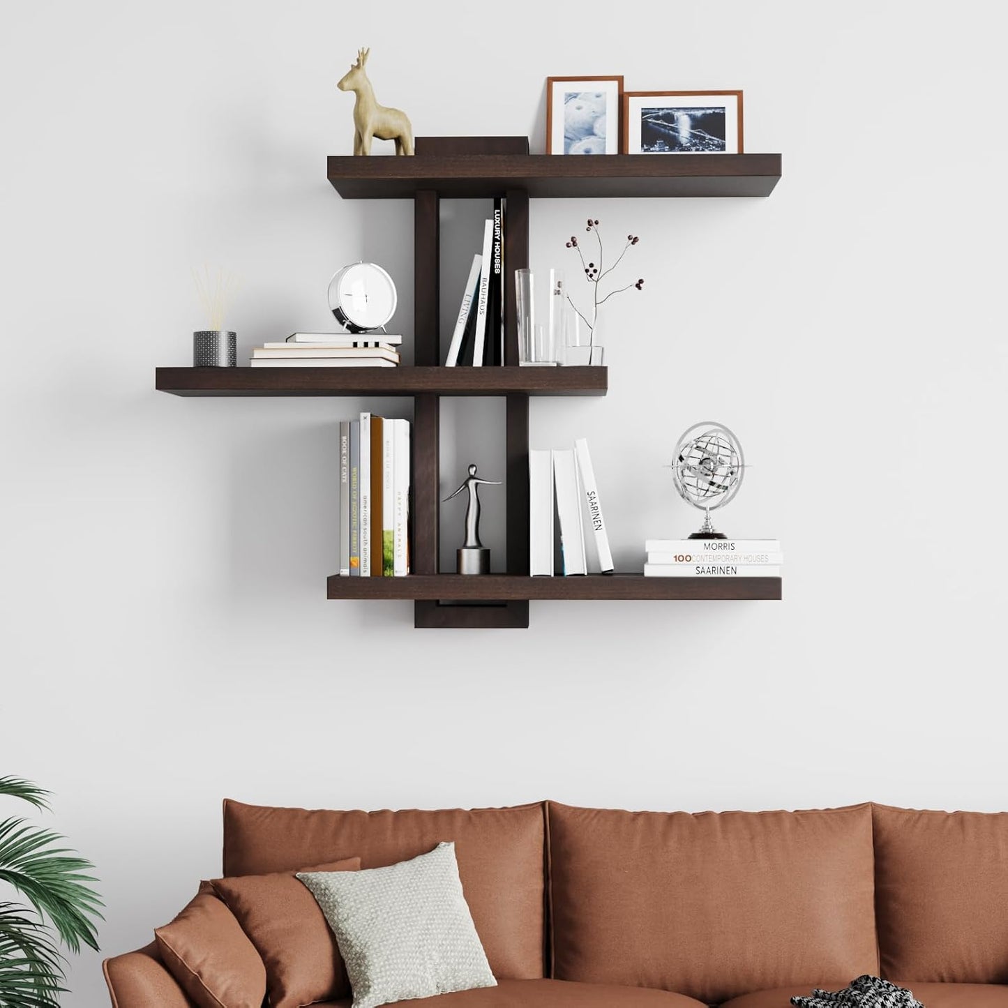 Variable Wood Floating Shelves Set of 3, Wall Cube Shelves 28.35" Max, Wall Shelves for Living Room Bathroom Bedroom - Dark Walnut Color - 28.35" x 23" x 5.9" Max