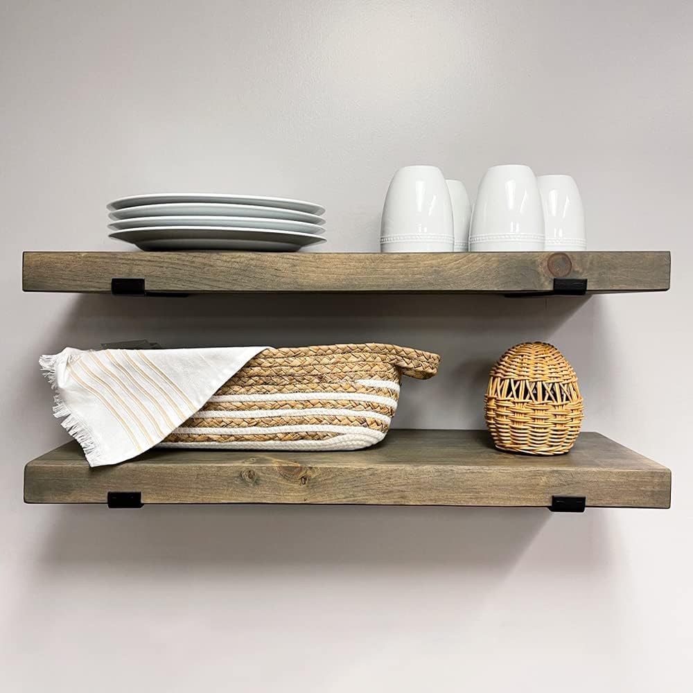 Rustic Shelves with J-Brackets Set of 2, Industrial Shelf, Kitchen Shelves, Solid Wood, Decorative Wall Storage, Heavy Duty, URBANDI (Grey, 48Wx12D)