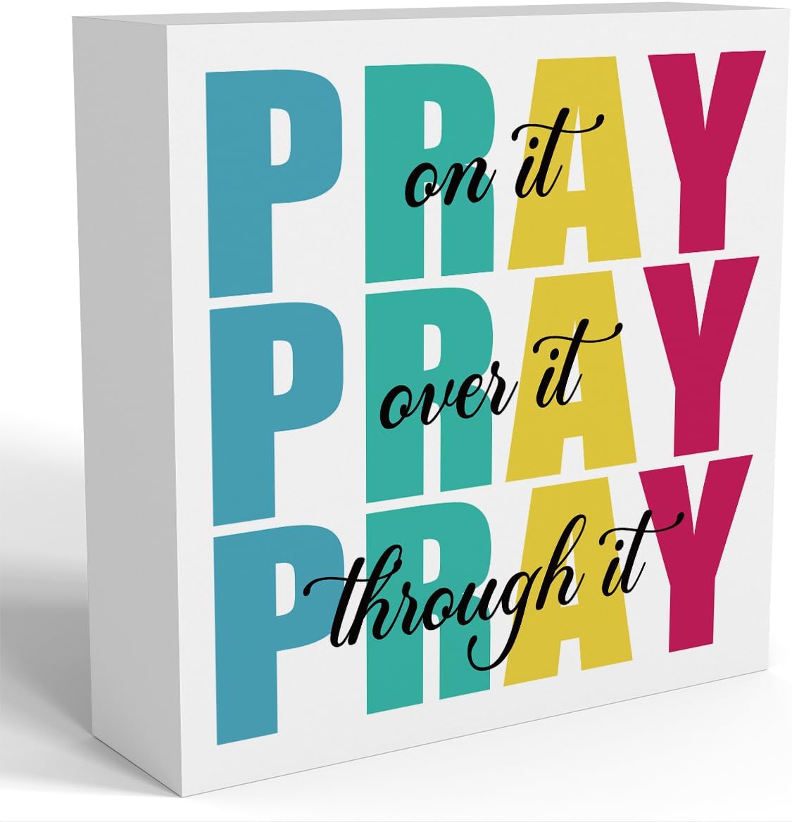 Office Decor for Women Christian Gifts Desk Bedroom Bible Verse Wall Art Inspirational Wooden Box - Pray on It Over It Through It