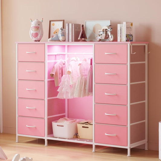 LUMTOK 2-in-1 Dresser with Hanging Rack, 10 Drawers Dresser for Bedroom,Dressers with Fabric Drawers,LED Lights, Charging Station and Hanging Racks for Bedroom (Pink)