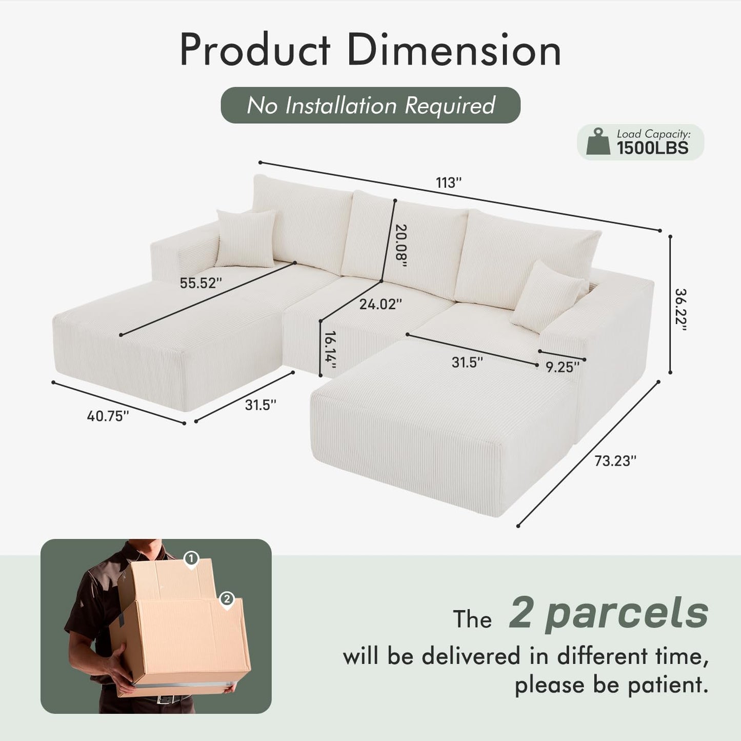 Boneless Sectional Cloud Couch Sofa for Living Room, 112" U-Shaped Modular Modern Lounge Sleeper Beige Couches with Chaise, No Assemble, Cordury Compression Upholstered Sofas