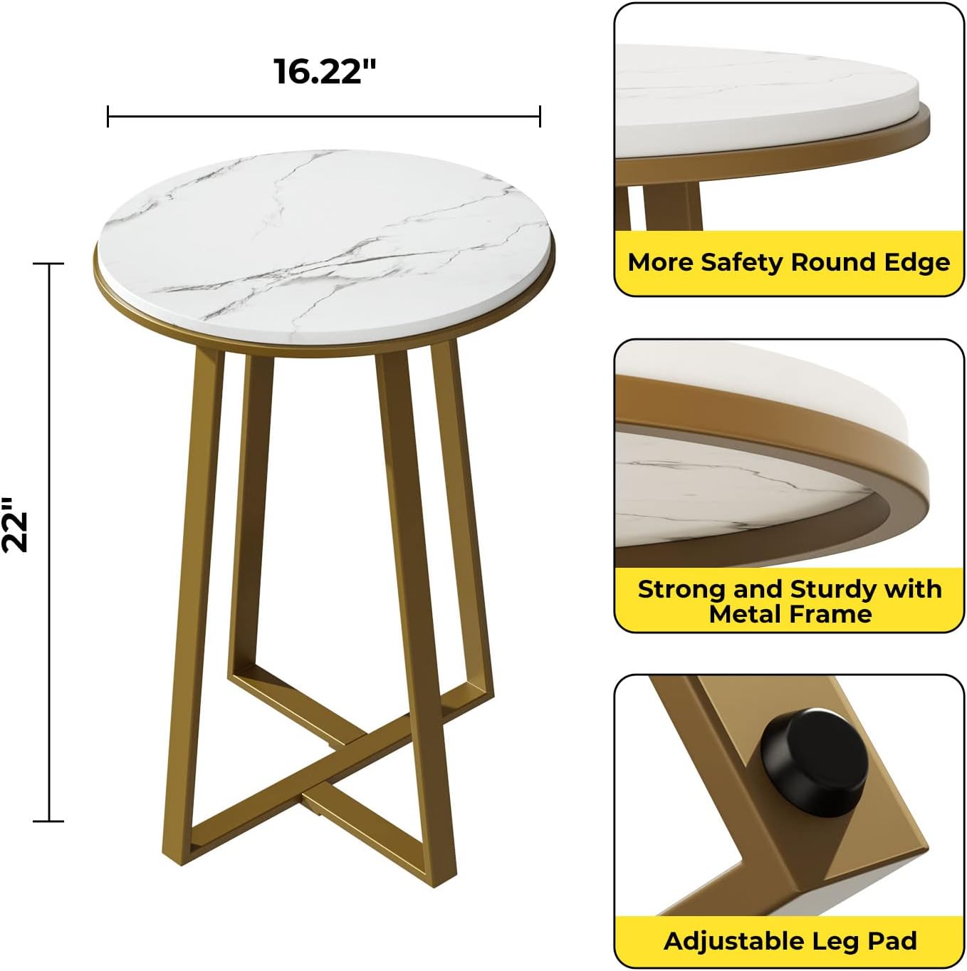 Round End Tables, Small Side Table White Marble Texture MDF Top,Metal Frame Gold Color, Tall End Table for Bed Room,Coffee Tea End Table for Living Room (White Marble+Gold)