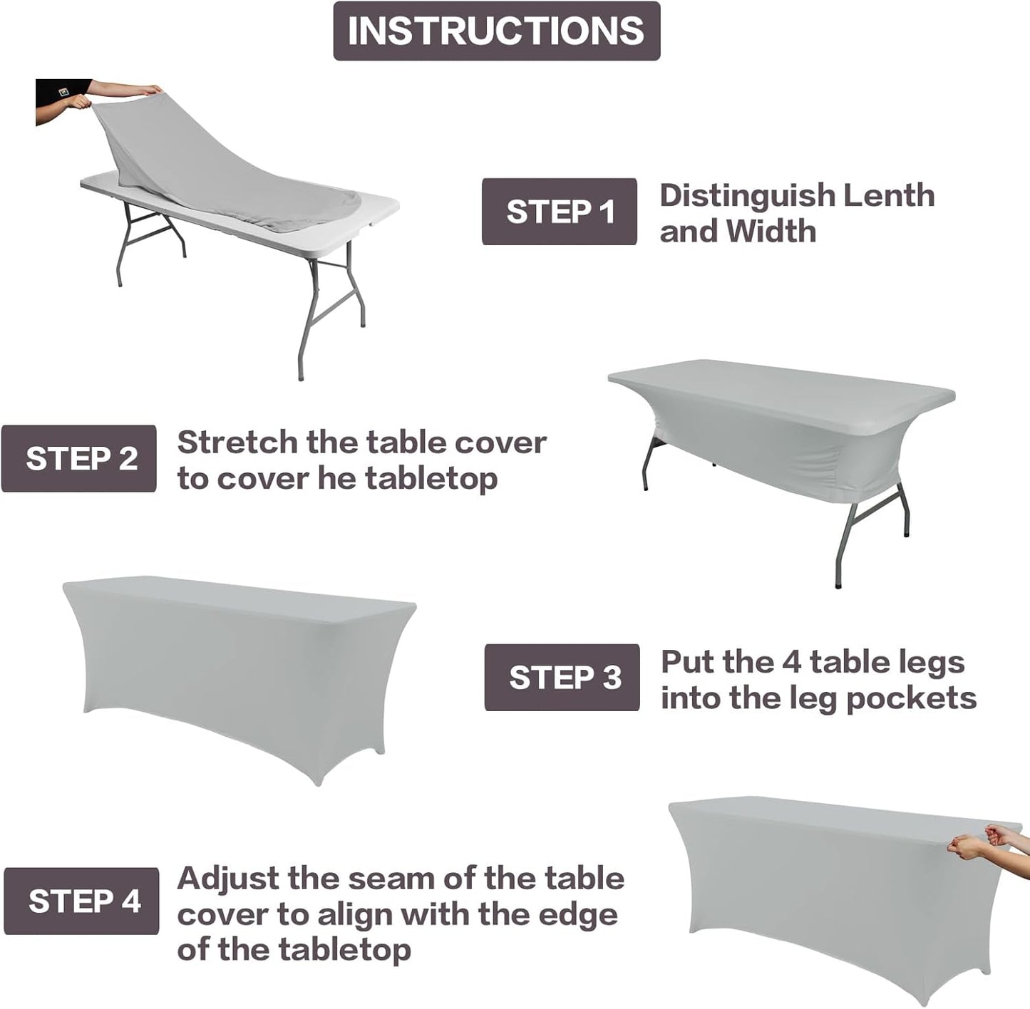 IVAPUPU 2 Pack 4FT Table Cloth for Rectangular Fitted Events Stretch Grey Table Covers Washable Cover Spandex Tablecloth Protector for Party, Wedding, Cocktail, Banquet, Festival