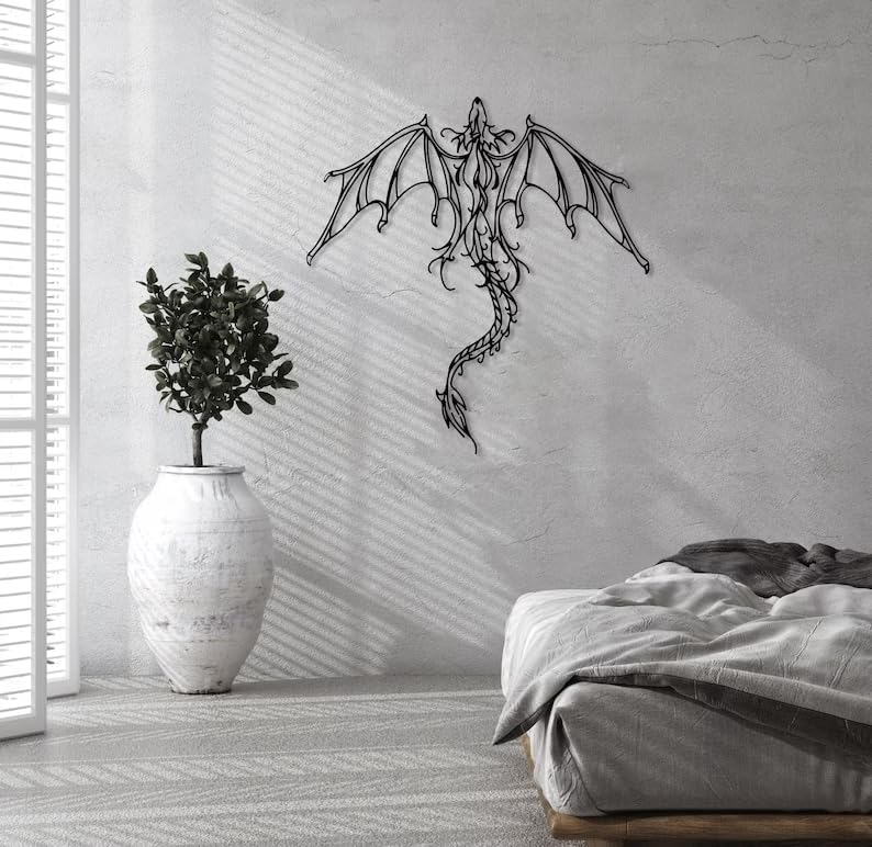 Dragon Metal Wall Art | Legendary Fantastic Dragon Wall Decor | Mythologic Wall Hanging | Man Cave Decorative | Mythic Wyvern Sculpture for Living Room Bedroom Game Room (Black - 47.2'' x 45 / 119 x