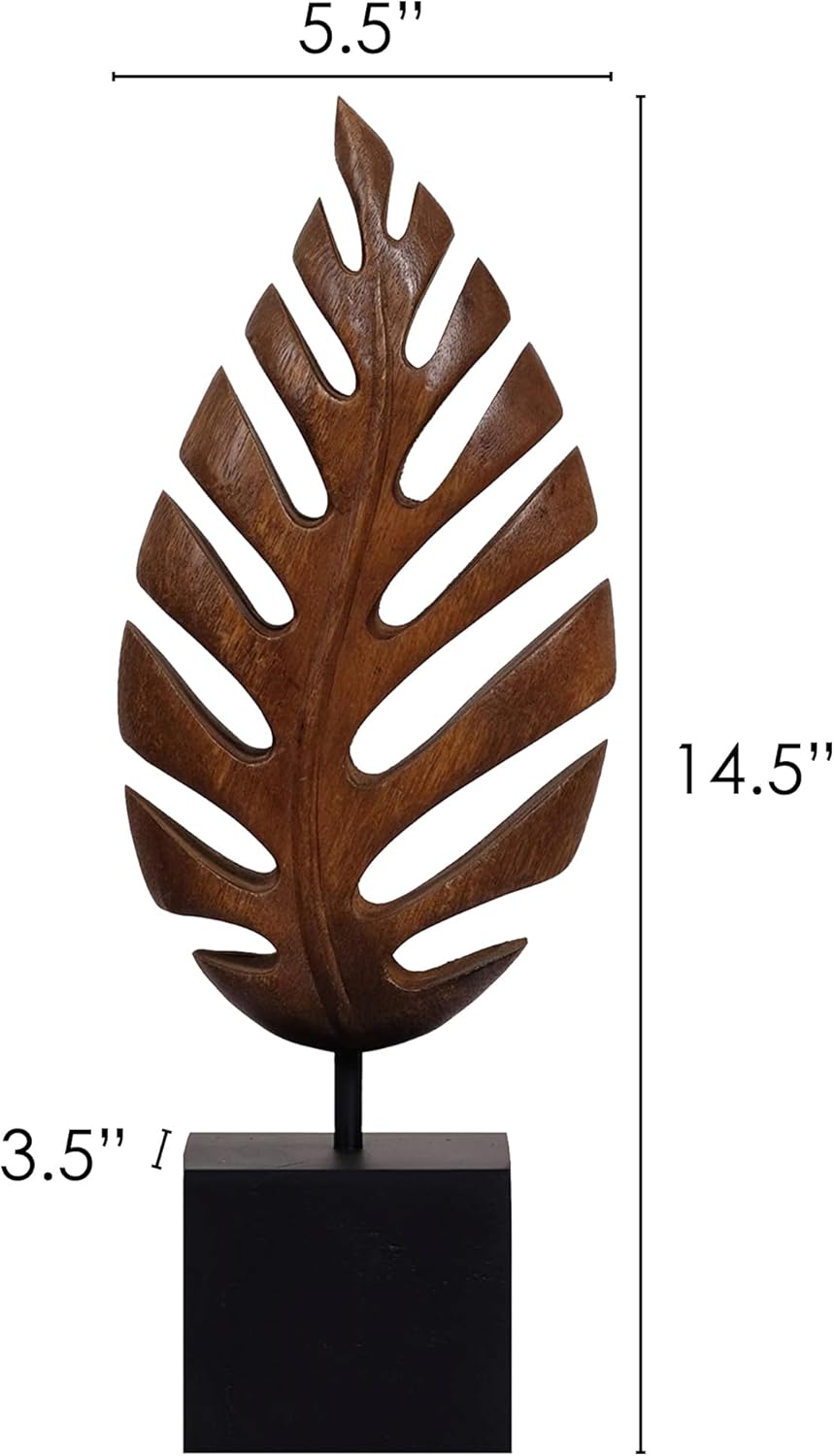 Decozen Wooden Leaf Sculpture - Hand‑Carved Solid Wood Coffee Table Decor and Western Decor Accent for Living Room, Mantel, Bookshelf Centerpiece