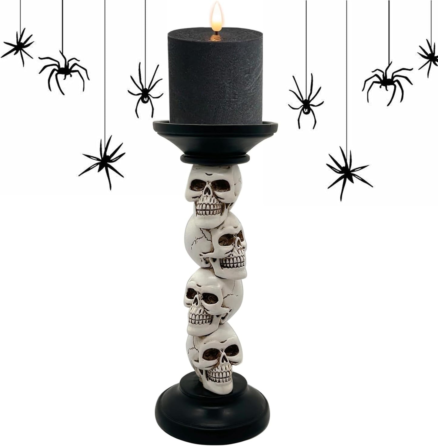 Pillar Candle Holder for Halloween Decoration Indoor, Skull Candlestick Holder, Skeleton Candlestick Holder Spooky Decor Black Taper Candle Holders