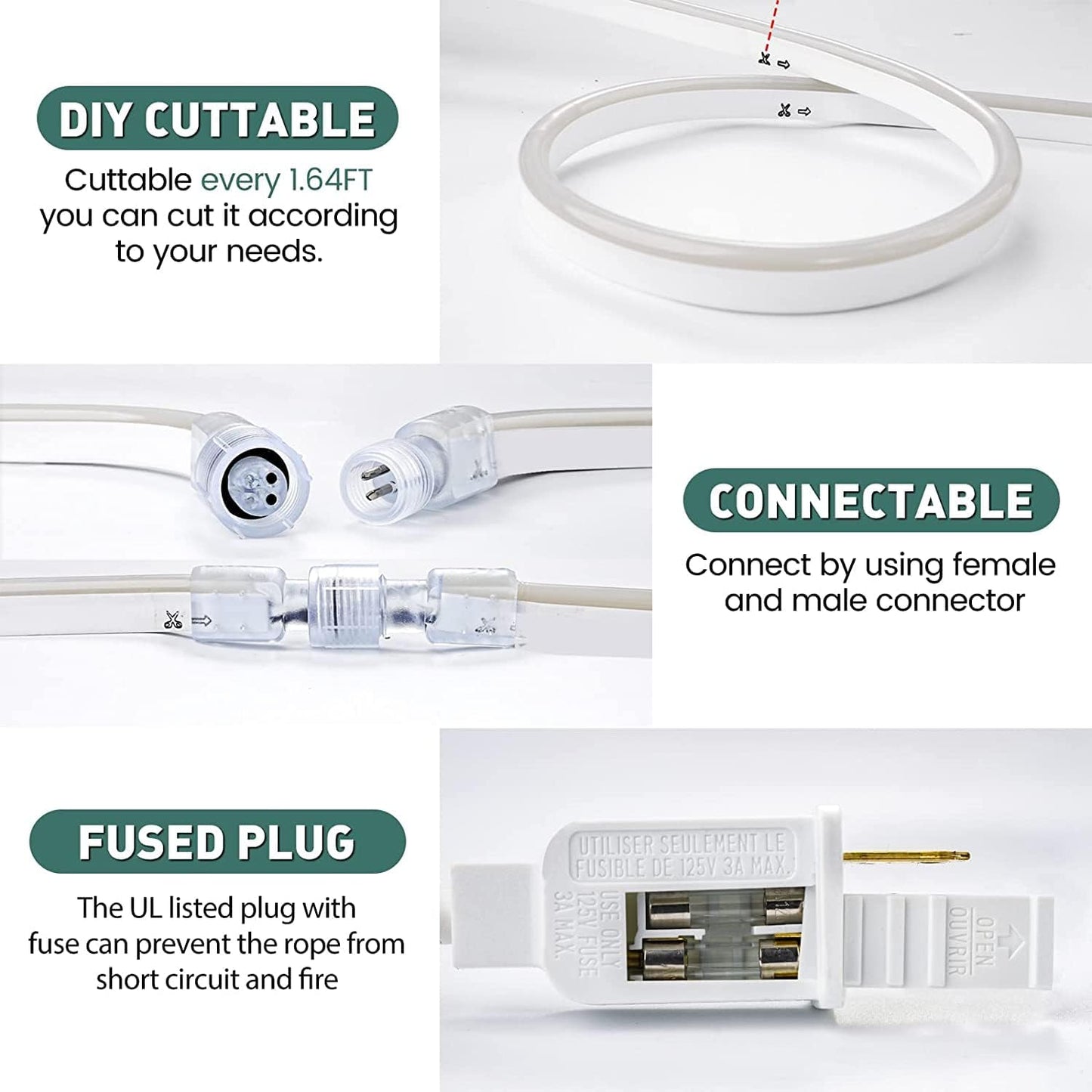 GZBtech Flexible LED Neon Rope Lights 50FT,AC 110-120V Waterproof Strip Light, 120 LEDs/M Cuttable Connectable Neon Lighting for Indoor Outdoor Home Decor/Commercial Building Use-Amber 15M