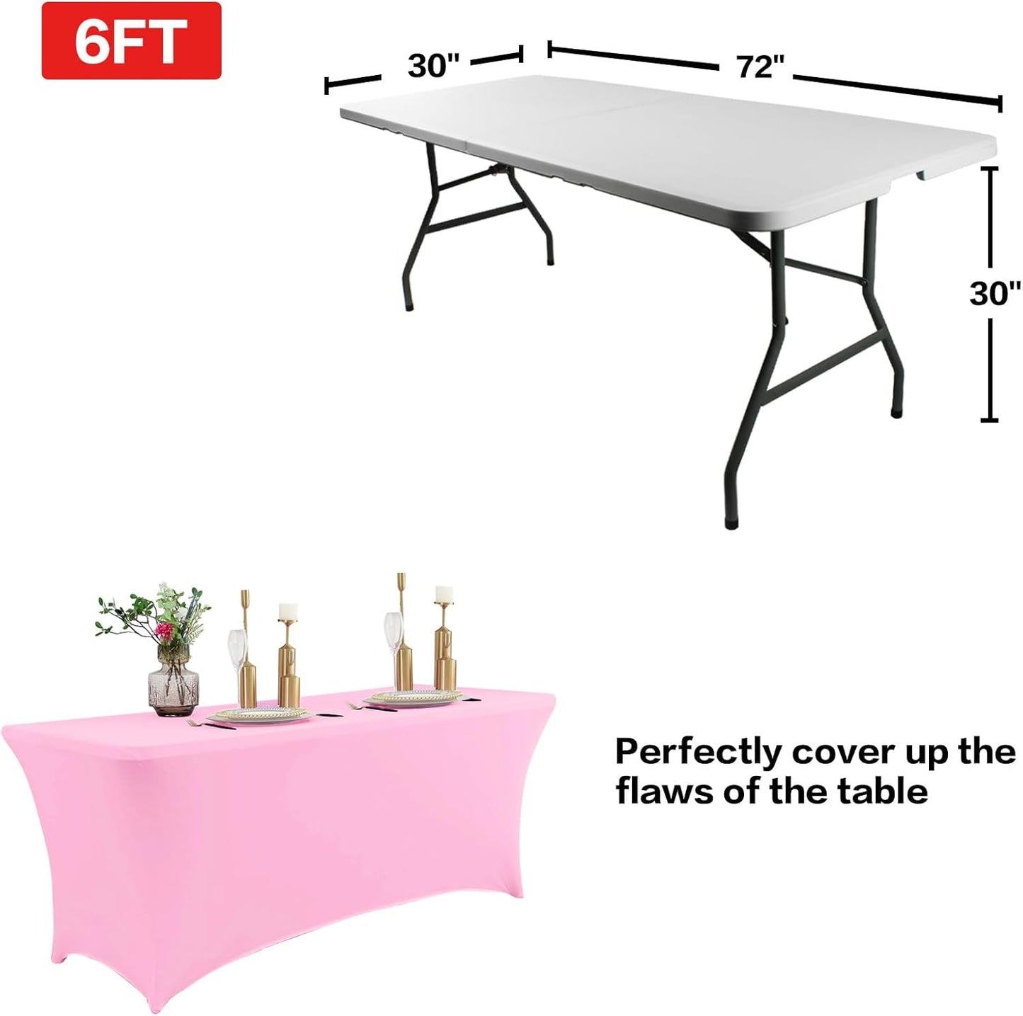 IVAPUPU 2 Pack 6FT Table Cloth for Rectangular Fitted Events Stretch Pink Table Covers Washable Spandex Tablecloth Protector for Party, Wedding, Cocktail, Banquet, Festival