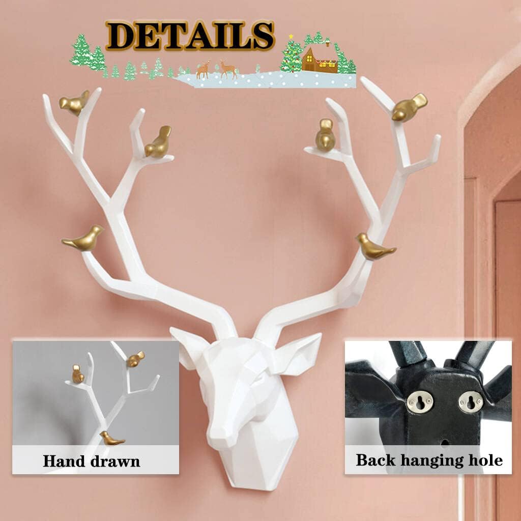 Deer Head Wall Decor Geometric Rustic Wall Mounted Deer Head, Faux Taxidermy Animal Head Wall Art Pendant, Handmade Resin Head Sculptures for Porch, Detachable Antlers, 6 Styles(White,20.1x20.4IN)