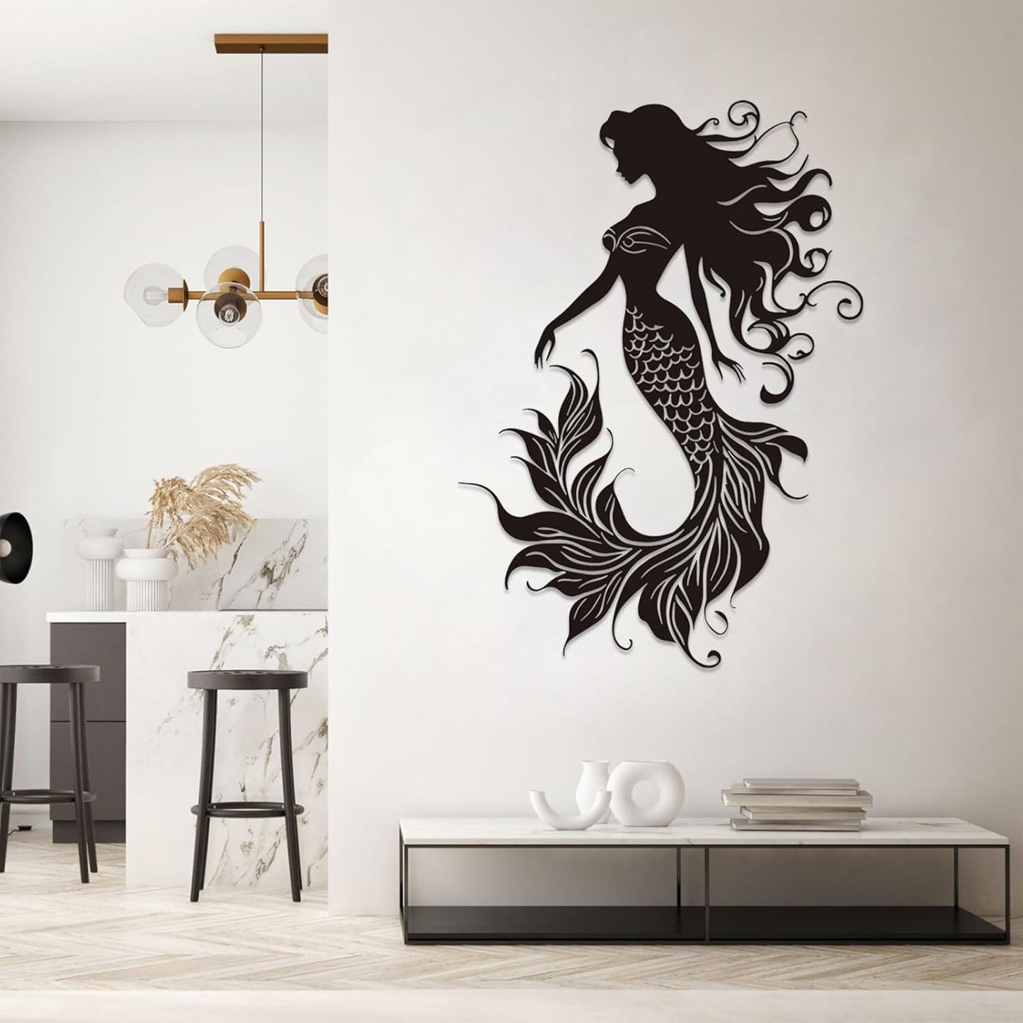 Veplsur Mermaid Metal Wall Art, Metal Mermaid Wall Decor, Marine Biology Wall Decor, Ocean Wall Art, Nautical Wall Hanging, Beach Hanging for Bathroom Bedroom (Black, 41"x29"|105x75cm)