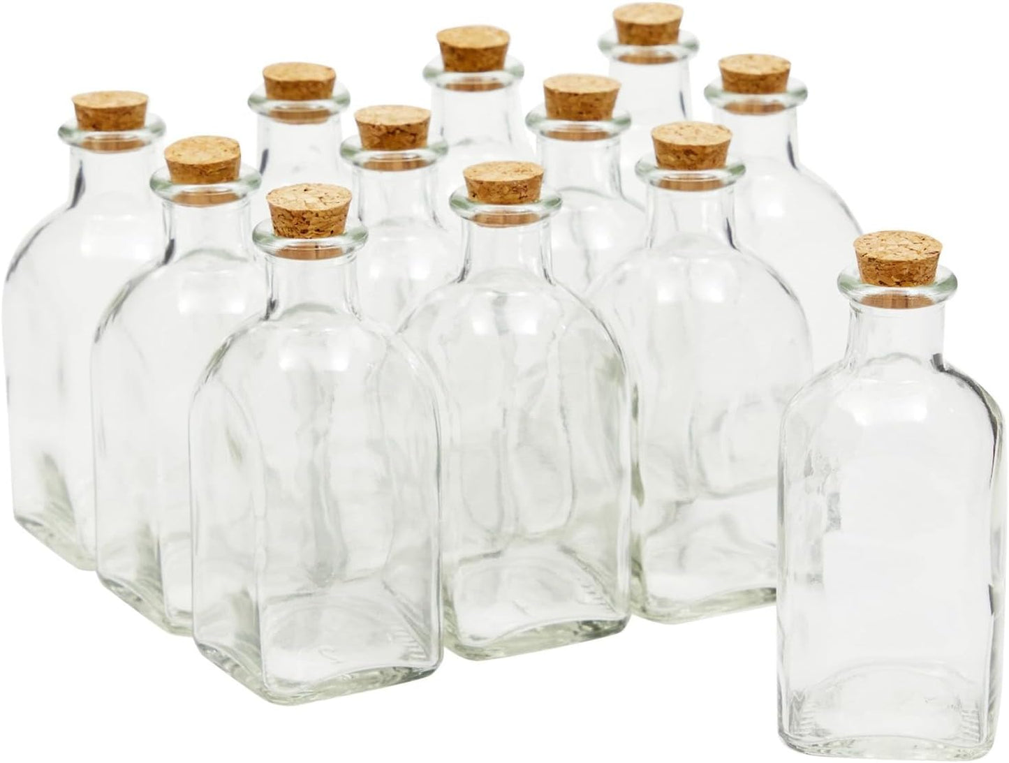 Juvale 12-Pack Mini Glass Bottles with Cork Lids - 4 oz Clear Vintage Square - Wedding Decor & Party Favors - Potion Bottles with Cork & Mini Glass Jars with Lids