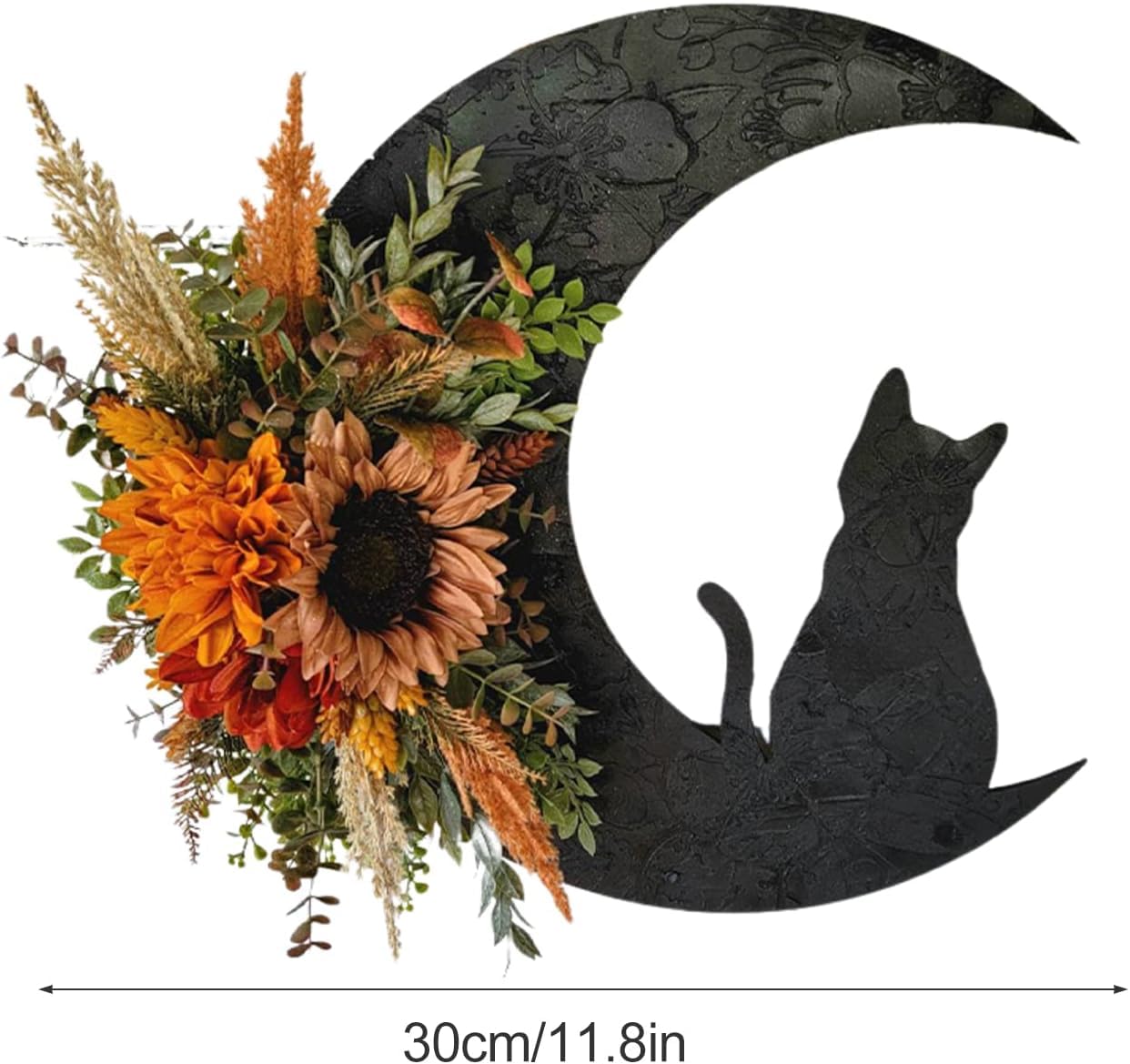 Halloween Wreaths for Front Door, Black Cat on Moon Garland with Rose Wreath Decor, Halloween Decorations Crescent Moon Wreath for Home Party Window Wall Indoor Outdoor (orange flower)