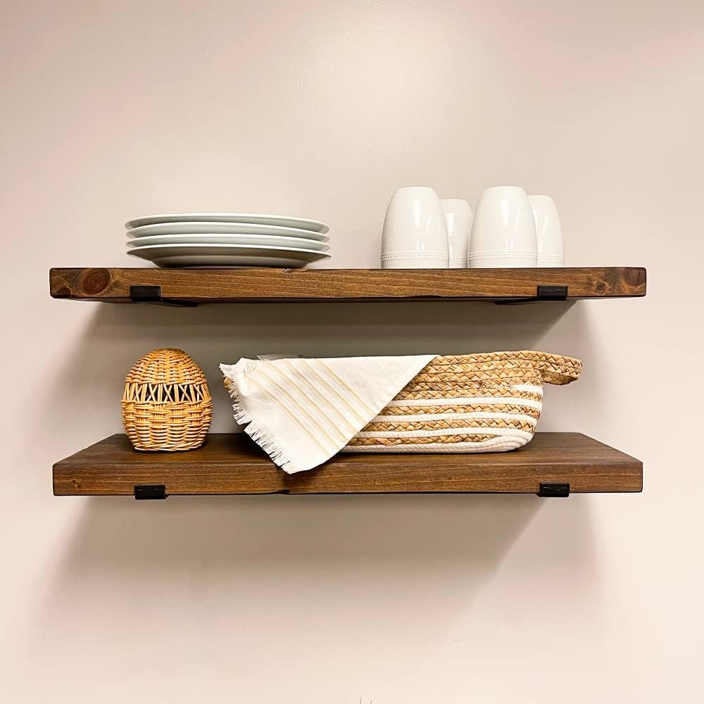 Rustic Shelves with J-Brackets Set of 2, Industrial Shelf, Kitchen Shelves, Solid Wood, Decorative Wall Storage, Heavy Duty, URBANDI (Provincial, 24Wx10D)