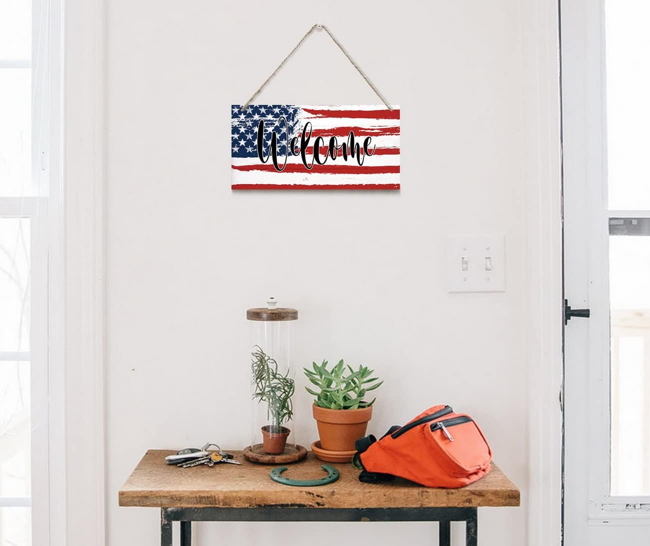Welcome Decor Sign, Hanging Wood Sign Home Decorative, Printed Wood Wall Art Sign, American Flag Welcome Sign, Patriotic Home Decor, Front Door Decor Sign, Farmhouse Porch Wall Art Sign 12 * 6inch