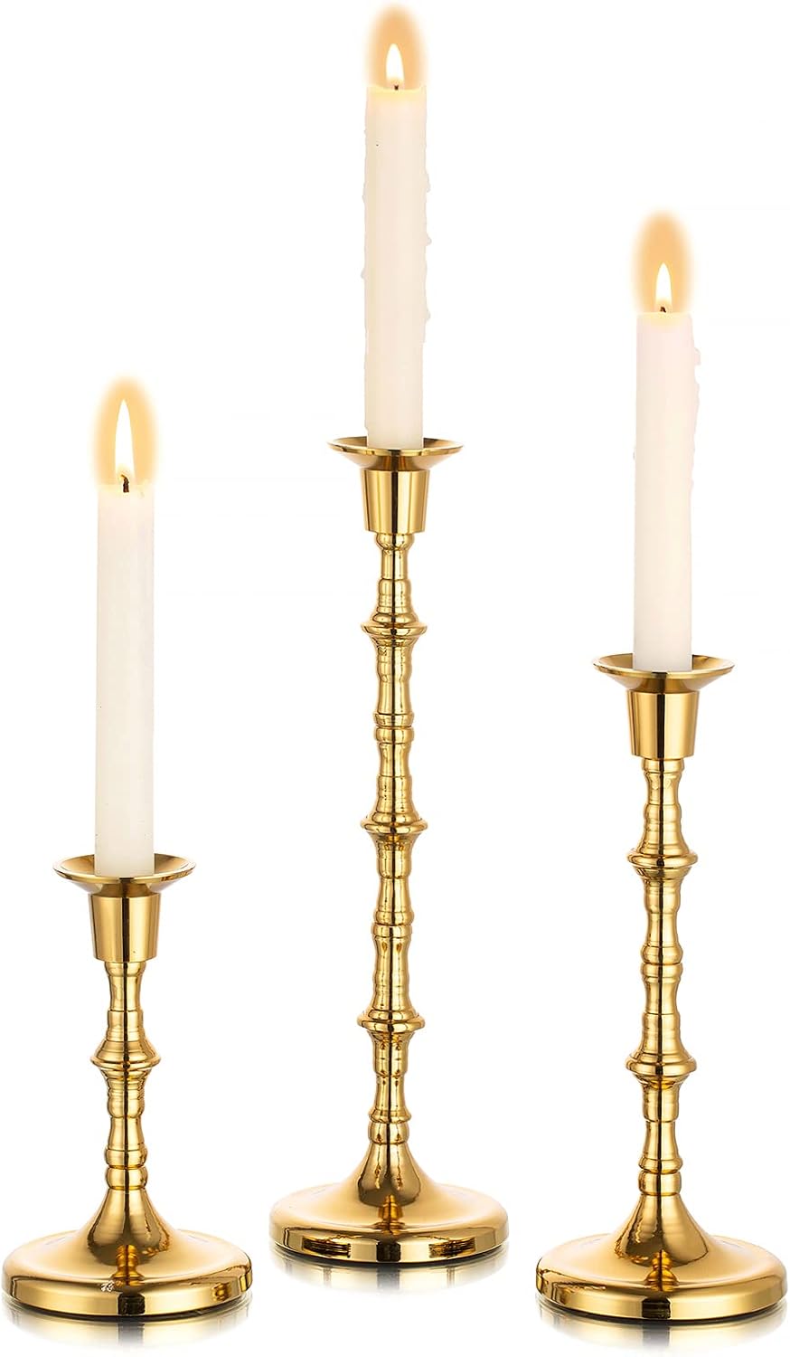 Nuptio Brass Candlestick Holders for Centerpiece: Set of 3 Gold Taper Candle Stick Holders for Home Dining Table Fireplace Decor