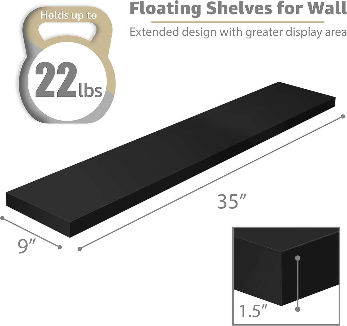 Sorbus Floating Shelves for Wall - 35 Inch Long Bathroom Shelves, Wall Decor for Bedroom, Kitchen, Living Room & Book Storage - Mounted Floating Shelf with Invisible Brackets (Black, 3 Pack)