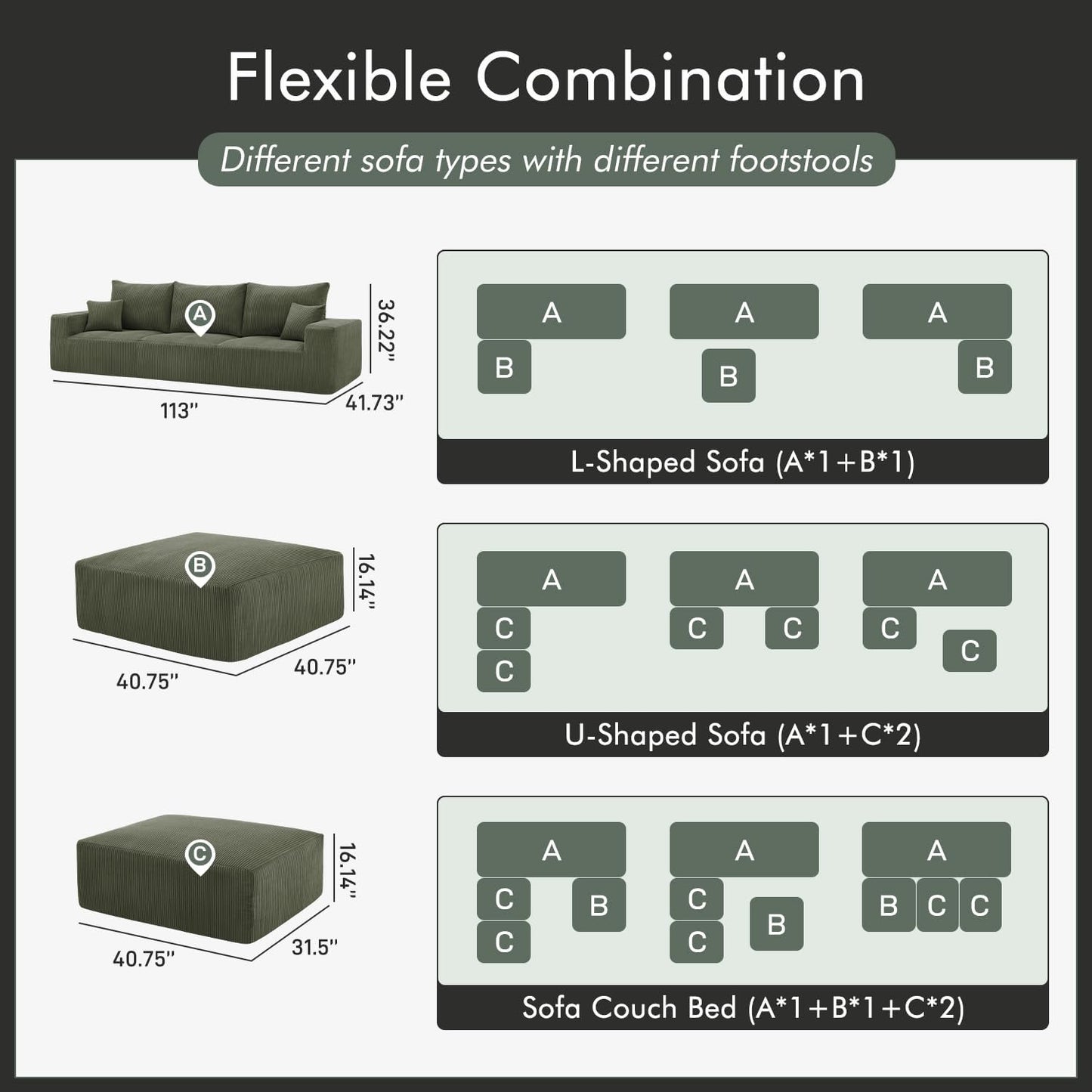 Boneless Sectional Cloud Couch Sofa for Living Room, 112" U-Shaped Modular Modern Lounge Sleeper Green Couches with Chaise, No Assemble, Cordury Compression Upholstered Sofas