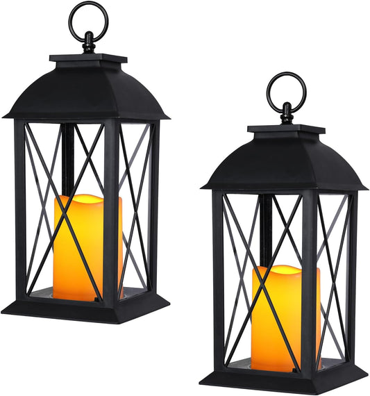 2 Pack 13-Inch Black Decorative Lantern with LED Candle, Battery Operated, Lightweight and Durable, Perfect for Indoor and Outdoor Use, Home Décor, Parties, and Holiday Decorations