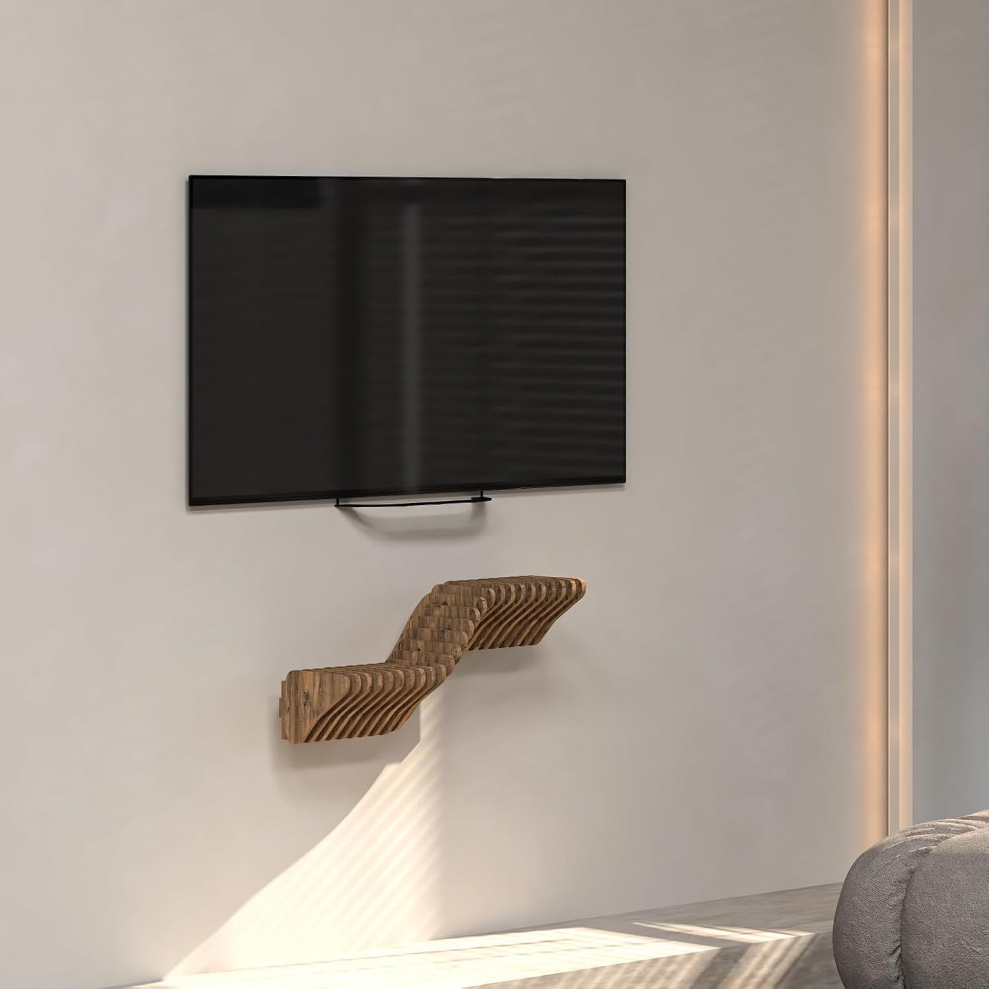 Parametric 20 inch Floating Shelf TV Unit Modern Geometric Wooden Wall Piece Decor Natural Oak Color 3D Wavy Living and Gaming Room Shelf