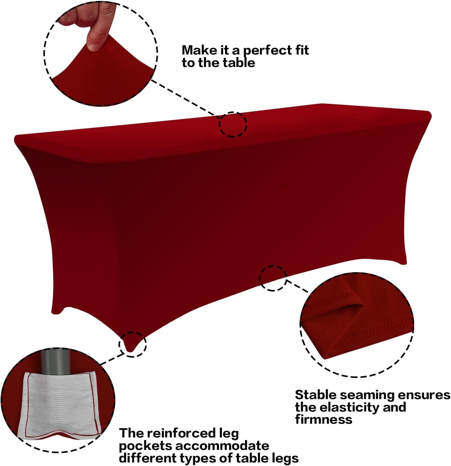 IVAPUPU 2 Pack 8FT Table Cloth for Rectangular Fitted Events Stretch Burgundy Table Covers Washable Cover Spandex Tablecloth Protector for Party, Wedding, Cocktail, Banquet, Festival