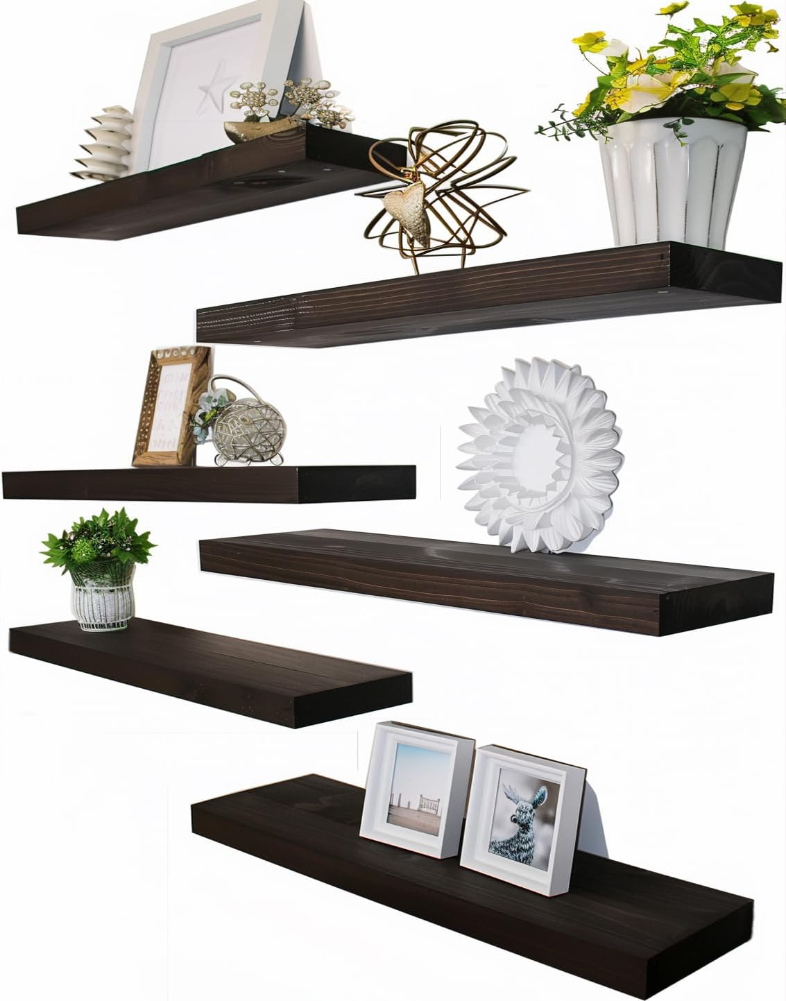 Brown Wood Floating Shelves for Wall Rustic Wall Shelves for Bedroom Set of 6
