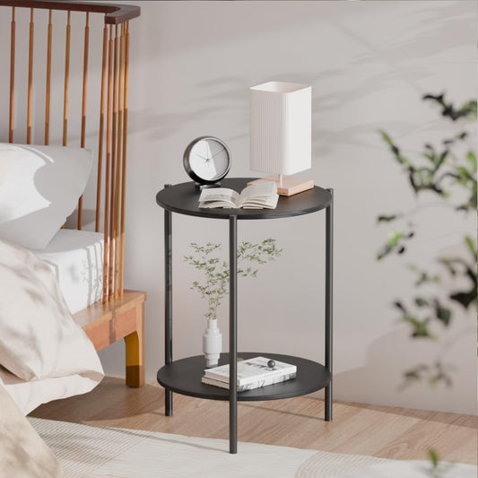 Side Table, Round End Table with 2-Layer Storage Rack, 15.7" Small Spaces Circle Table, Metal Frame Design Small Side Tables, for Living Room, Bedroom, Black