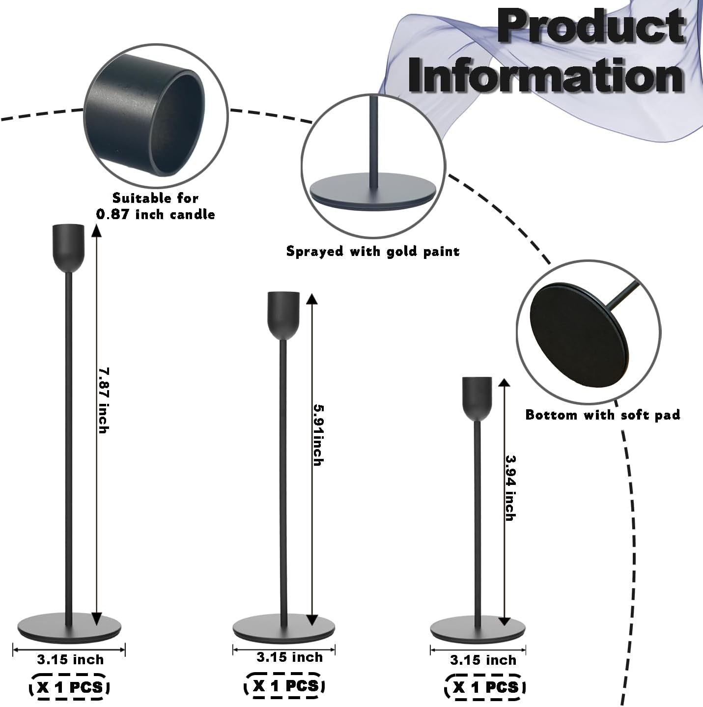 Black Tall Candle Candlestick Holder, Decorative Candlestick Holder for Wedding, Dinning, Party, Fits 3/4 inch Thick Candle&Led Candles