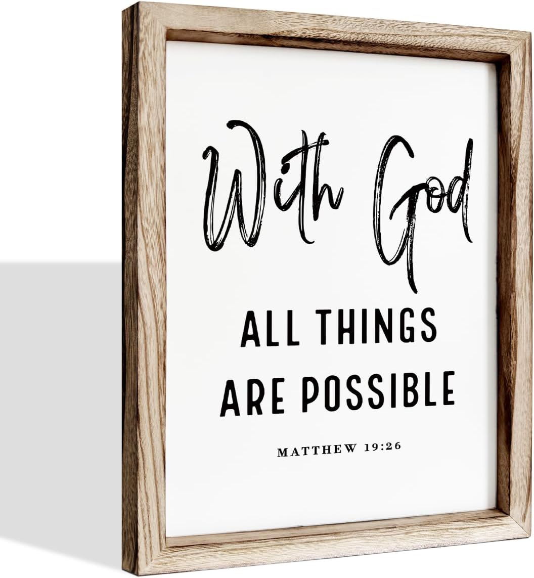 Christian Wooden Wall Signs, Religious Home Decor, Farmhouse Decor for Home Office, Christian Gift, Hanging Framed Wall Plaque 15 * 11.5 inches, With God All Things are Possible Sign